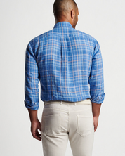 Peter Millar Mens Ashore Linen Sport Button Up Shirt Large Moon Blue Plaid Large