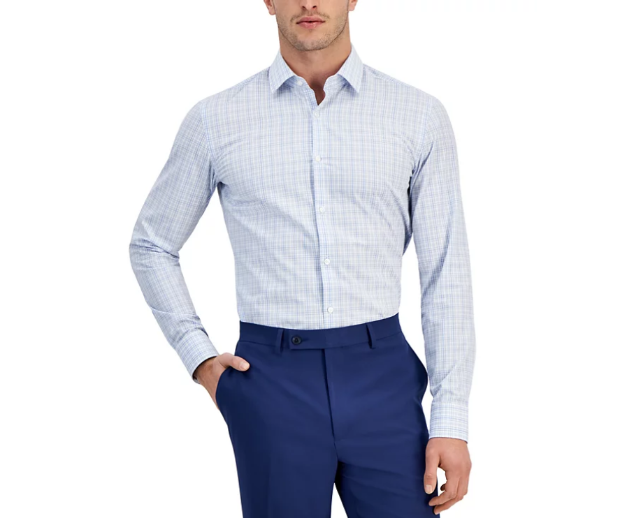 Hugo Boss Mens Slim fit Dress Shirt Large 16 in Long Sleeve Light Blue Plaid