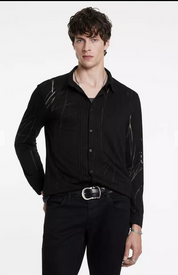 John Varvatos Mens Phoenix Printed Button Up Long Sleeve Shirt Black XL