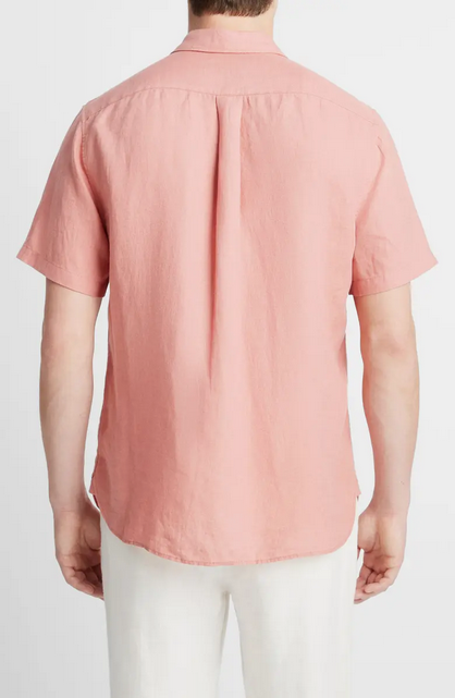 Vince Mens Regular Fit Short Sleeve Button Up Linen Shirt Large Pink Solid