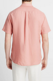 Vince Mens Regular Fit Short Sleeve Button Up Linen Shirt Medium Pink Solid