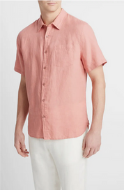 Vince Mens Regular Fit Short Sleeve Button Up Linen Shirt Medium Pink Solid