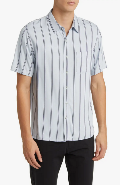 Vince Mens Classic Fit Short Sleeve Button Up Shirt Small Blue Striped
