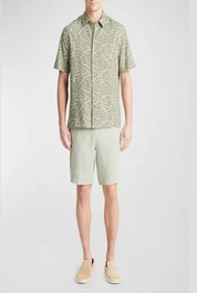Vince Knotted Leaves Short Sleeve Men's Button Up Shirt Green Large