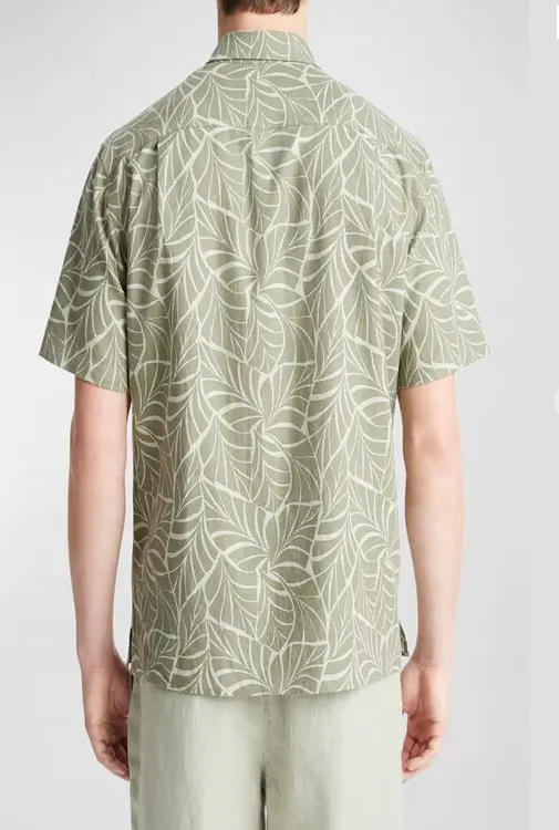 Vince Knotted Leaves Short Sleeve Men's Button Up Shirt Green Large