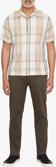 Vince Mens Classic Fit Short Sleeve Button Up Ibiza Plaid Shirt Brown Large