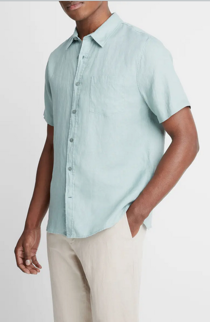 Vince Mens Regular Fit Short Sleeve Button Up Shirt XXL Blue Solid