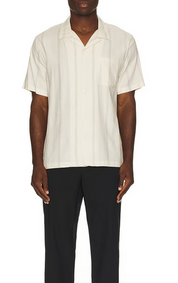 Vince Mens Regular Fit Short Sleeve Button Up Shirt Large Beige Striped