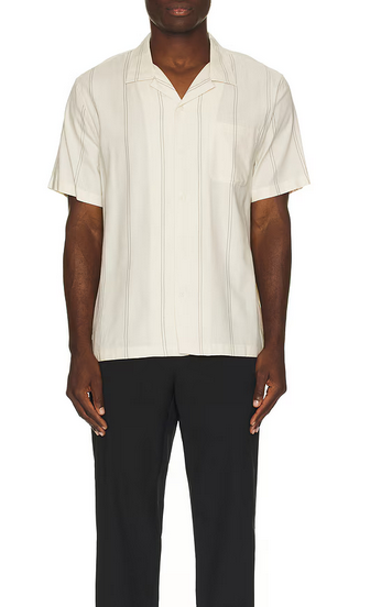 Vince Mens Regular Fit Short Sleeve Button Up Shirt Large Beige Striped