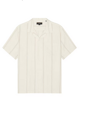 Vince Mens Regular Fit Short Sleeve Button Up Shirt Large Beige Striped