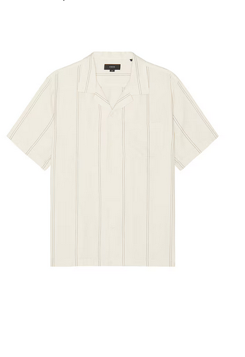 Vince Mens Regular Fit Short Sleeve Button Up Shirt Large Beige Striped