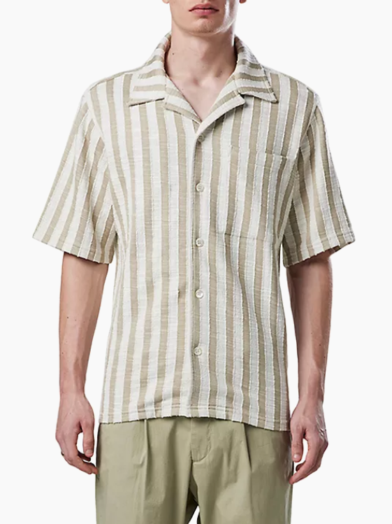 NN07 Julio Mens Striped Short Sleeve Button Up Shirt Beige XL