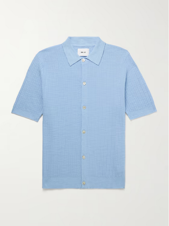 NN07 Nolan Mens Short Sleeve Regular Fit Knit Button Up Shirt Blue XL