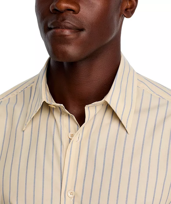 NN07 Quinsy Mens Long Sleeve Striped Button Down Shirt Beige Medium
