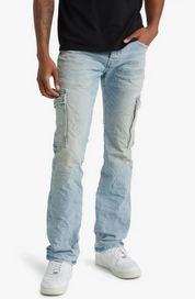Purple Brand Mens Slim Flared Distressed Cargo Jeans Light Blue 33 x 34