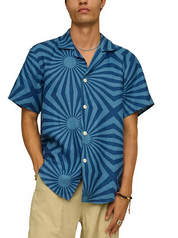 Oas Mens Costal Cortado Cuba Linen Button Up Camp Shirt Blue XL