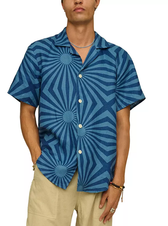Oas Mens Costal Cortado Cuba Linen Button Up Camp Shirt Blue XL