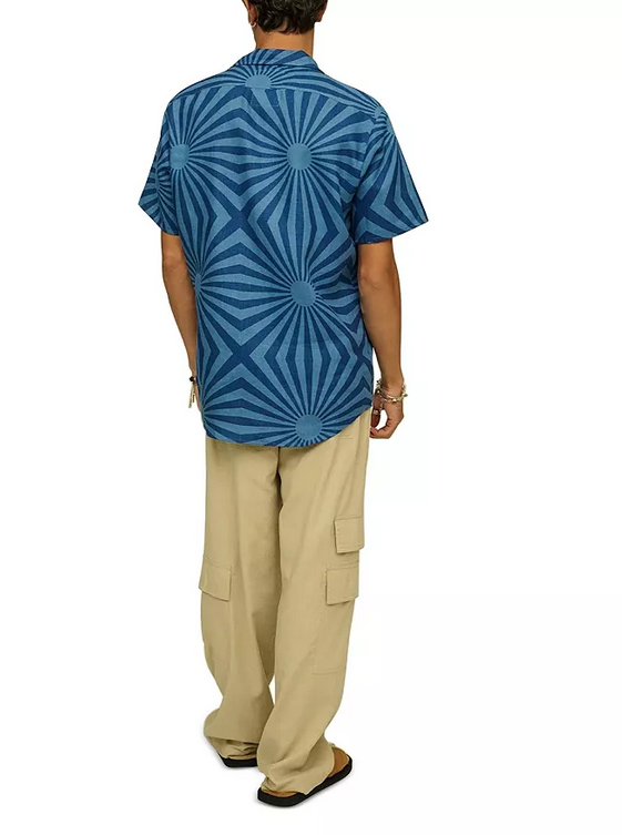Oas Mens Costal Cortado Cuba Linen Button Up Camp Shirt Blue XL