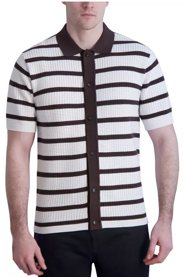 Karl Lagerfeld Paris Mens Regular fit Short Sleeve Button-Up Sweater XXL Brown Striped