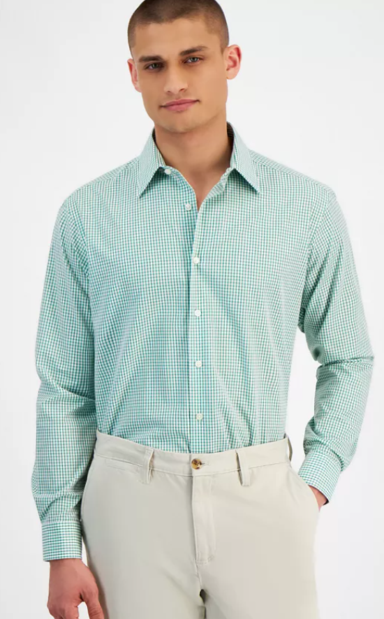 Club Room Men Regular fit Dress Shirt Medium 15-15.5 Long Sleeve Green Check