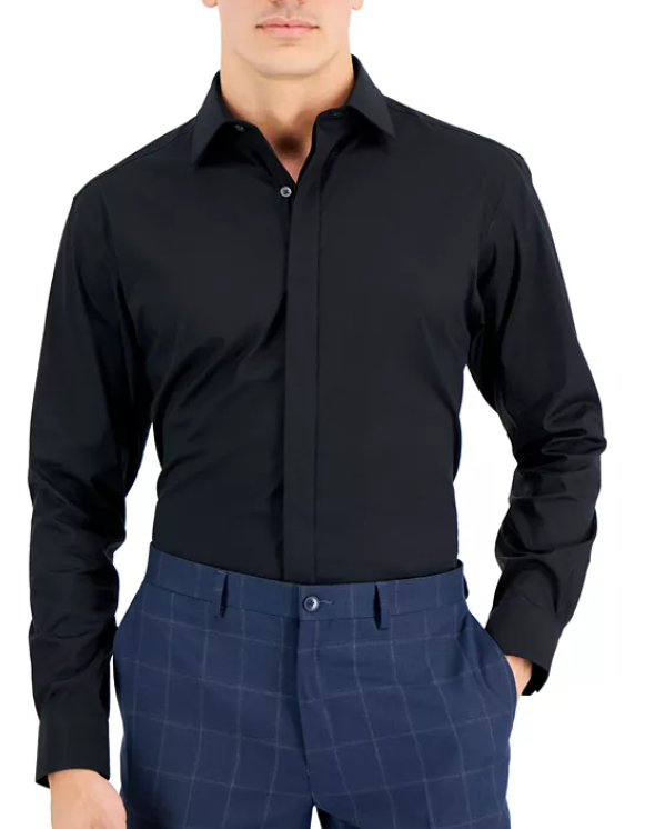 Alfani Mens Slim fit Dress Shirt Large 16-16.5 34-35 Black Solid