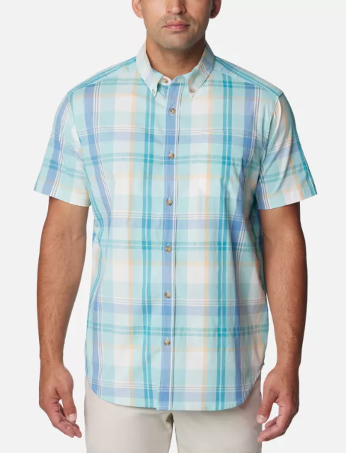 Columbia Mens Regular fit Short Sleeve Button-Up Shirt Large Blue Plaid