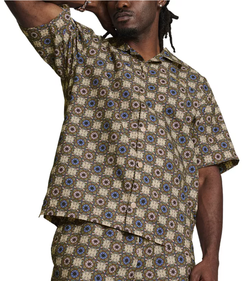 Puma Mens  fit Short Sleeve Button-Up Shirt Large Brown Mushroom