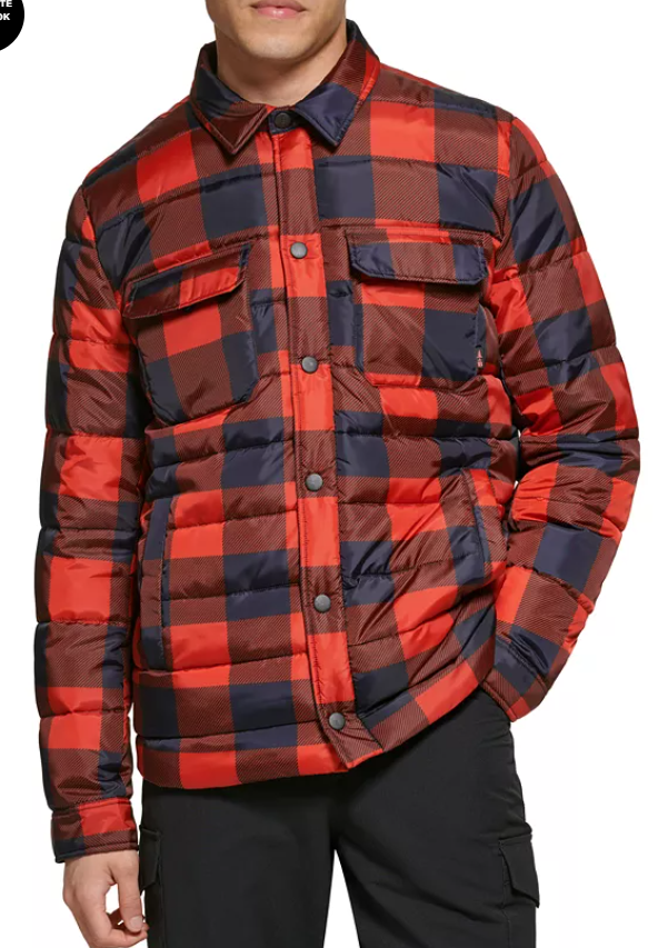 BASS OUTDOOR Mens Quilted Puffer Shacket Coat Large Red Plaid
