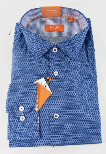 Tallia Mens Slim fit Dress Shirt Large 16-16.5 32-33 Blue Geometric