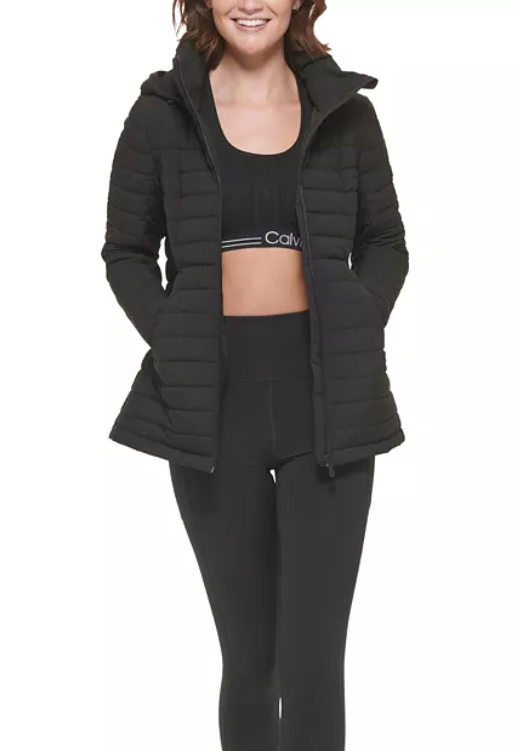 Calvin Klein Womens Quilted Coat Large Black Packable Solid