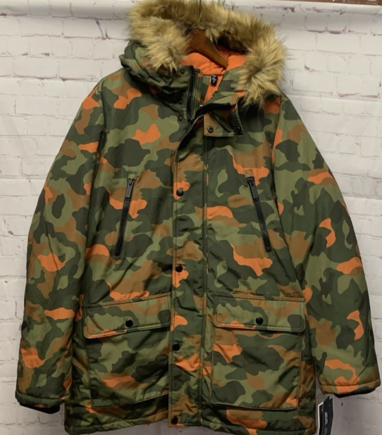 Club Room Mens Parka Coat Small Green Faux Fur Hood Camouflage