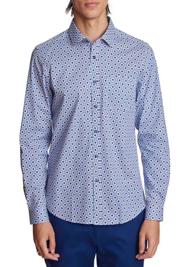 Paisley & Gray Mens Slim fit Long Sleeve Button-Up Shirt Medium Blue Geometric