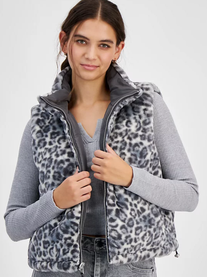 Planet Heart Womens Regular fit Full Zip Vest Small Grey Animal Print Faux Fur