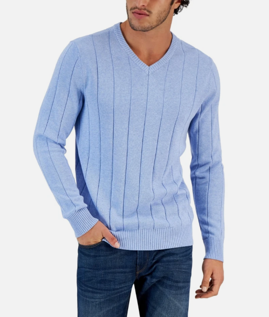 Club Room Mens Regular fit Long Sleeve V Neck Sweater Small V-Neck Blue Solid
