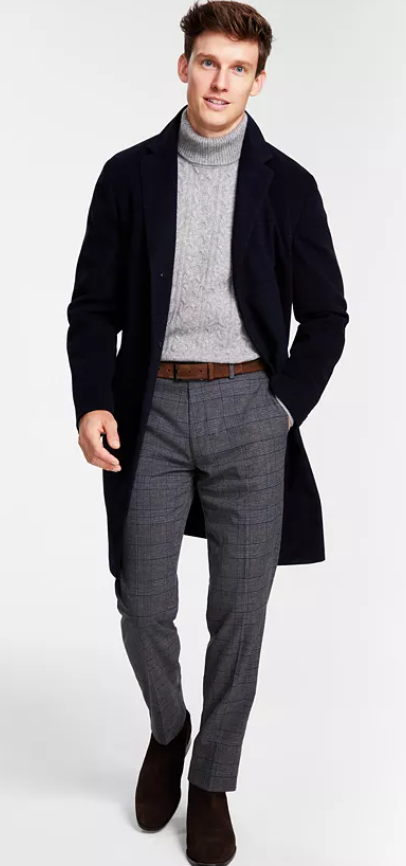 Tommy Hilfiger Mens Modern Fit Overcoat Coat 42S Black Plaid