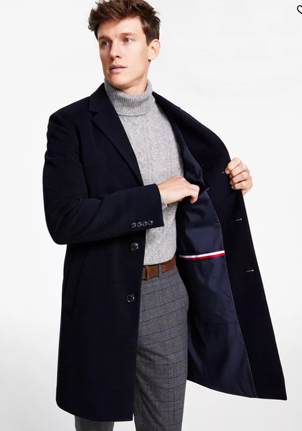 Tommy Hilfiger Mens Modern Fit Overcoat Coat 42S Black Plaid