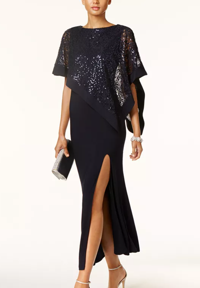 R & M Richards Sequined Lace Cape Gown Dress Navy Blue 12 Pullover Style