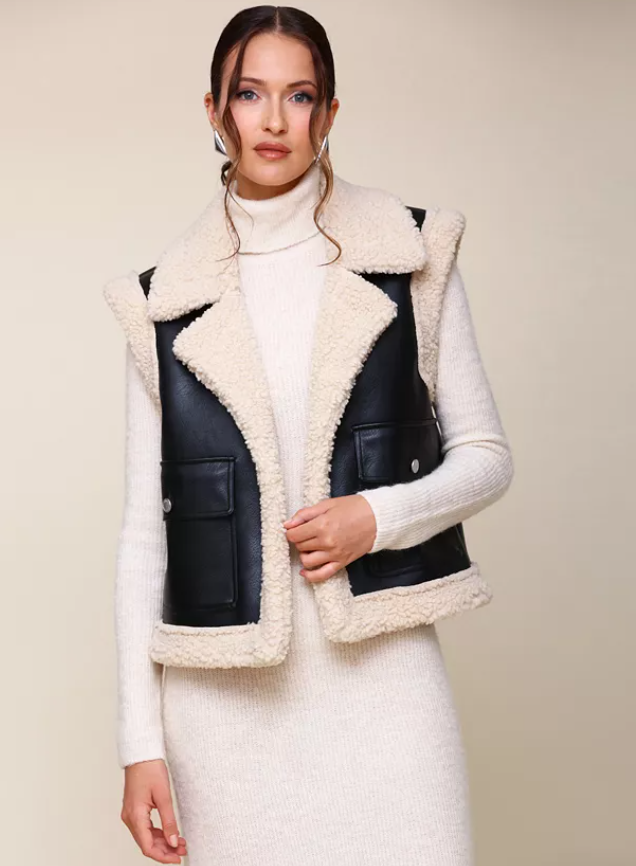Avec Les Filles Women's Classic Fit Faux Leather Sherpa Trucker Vest Medium