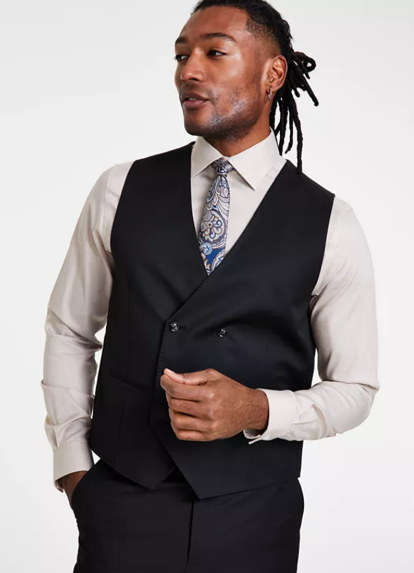 TAYION Mens Classic fit Double Breasted Button-Up Suit Vest XL Black Solid