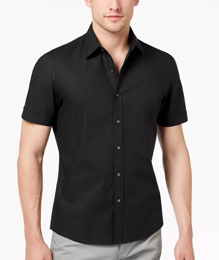 Michael Kors Mens Classic fit Short Sleeve Button-Up Shirt Large Black Solid