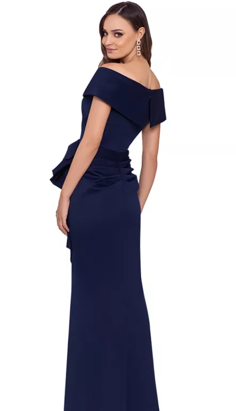 XSCAPE Womens Scuba Off The Shoulder Gown Navy Blue Size 12