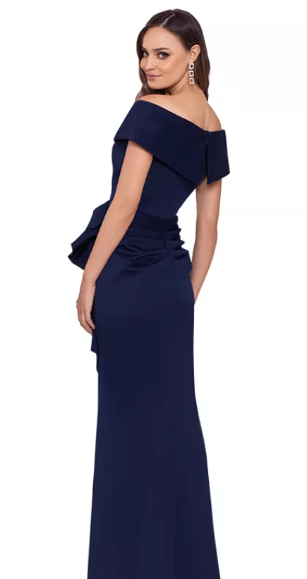 XSCAPE Womens Scuba Off The Shoulder Gown Navy Blue Size 12