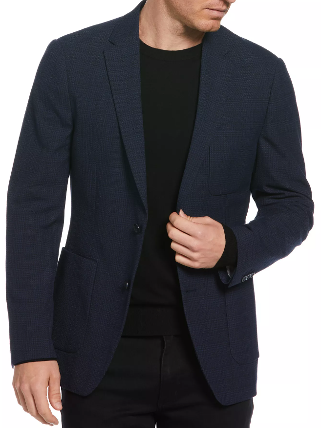 Perry Ellis Mens Slim fit Sport Coat Blazer 44 R Navy Blue Plaid