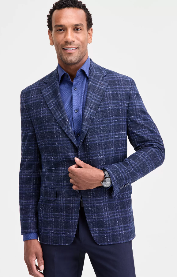 Michael Kors Mens Classic fit Sport Coat Blazer 38 R Blue Plaid Stretch