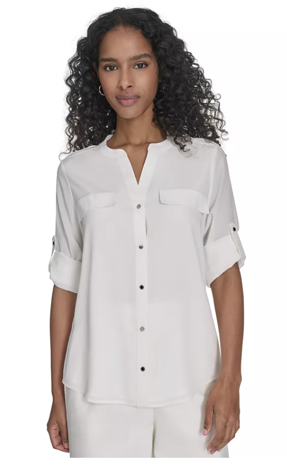 Calvin Klein Womens Regular fit Long Sleeve Button-Up Shirt Blouse Small White
