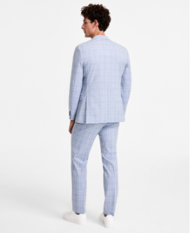 Alfani Mens Slim fit Suit Jacket Blazer 36 S Light Blue Plaid Stretch