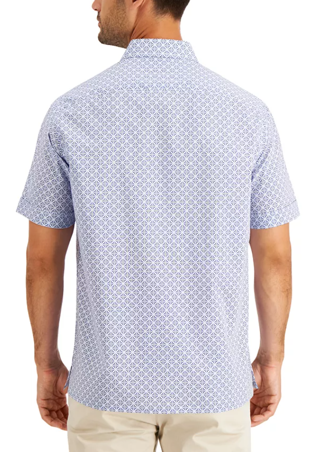 Club Room Mens Regular fit Short Sleeve Button-Up Shirt XL Light Blue Geometric