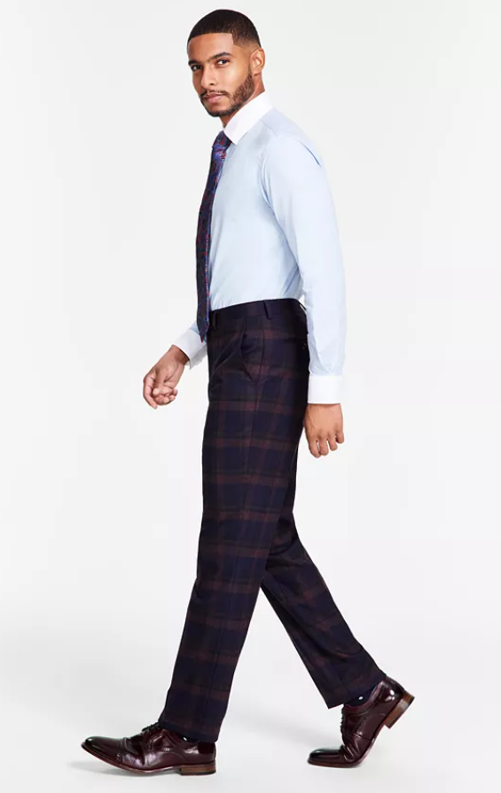 Tayion Collection Mens Modern fit Dress Pants 38 / 30 Red Plaid