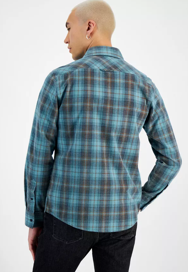 Sun + Stone Mens Regular fit Long Sleeve Button-Up Shirt Medium Blue Plaid