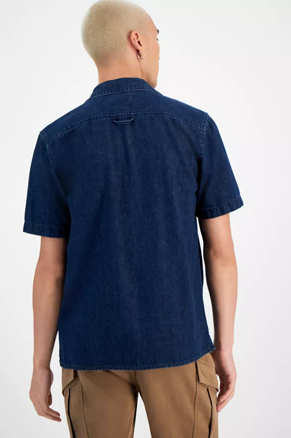 Sun + Stone Mens Regular fit Short Sleeve Button-Up Shirt Large Navy Blue Solid